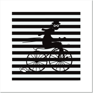 Black and white striped pattern with a shady cyclist running fast on an old bicycle Posters and Art